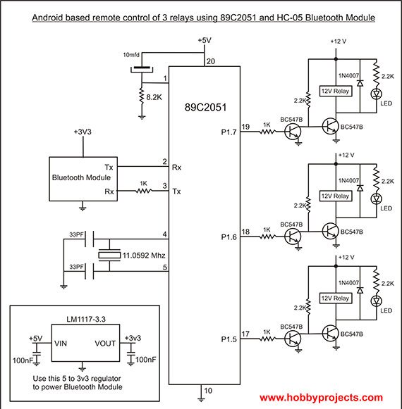 Circuit Diagram of Android Controlled 3 Relays using 892051 and HC-05 Bluetooth Module