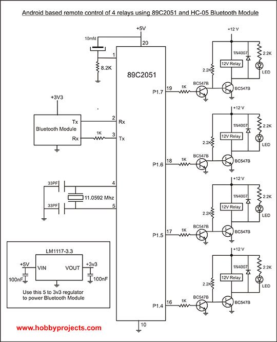 Circuit Diagram of Android Controlled 4 Relays using 892051 and HC-05 Bluetooth Module