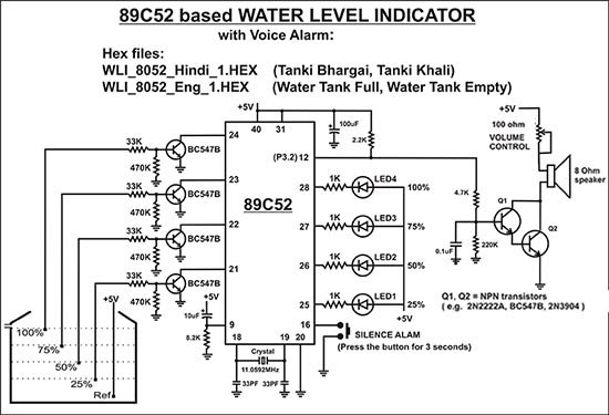 89C52 based Water Level Indicator with Voice Alarm Project with Circuit Diagram